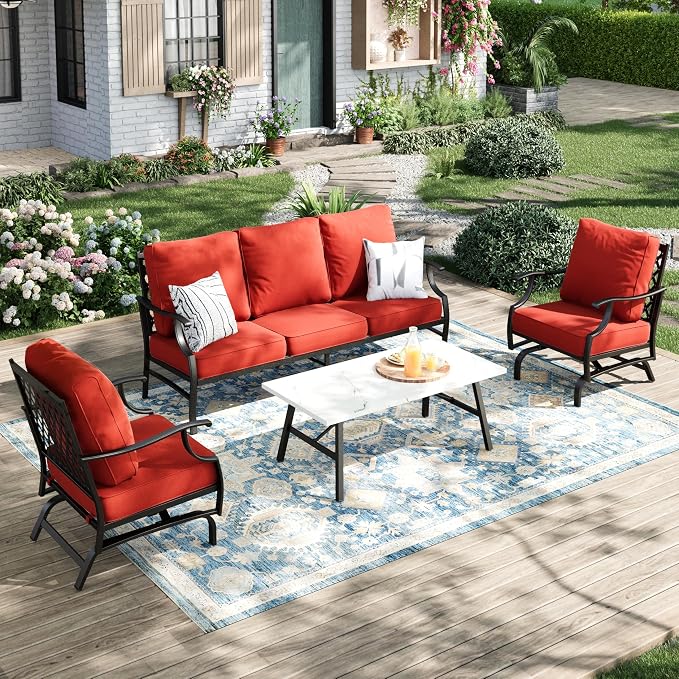 MIXPATIO Patio Furniture Set 4 pcs, Outdoor Patio Furniture, 3-Seat Sofa, 2 Rocking Chairs, Coffee Table and 5.75" Extra Thick Cushions, Conversation Set for Backyard Deck, Red