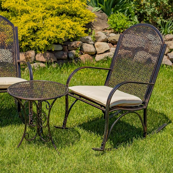 Zaer Ltd. Set of 3, Tsugo Collection, 2 Outdoor Metal Rocking Armchairs with a Round Side Table, Bronze Distressed Finish (Set of 3 (2 Chairs & 1 Table))