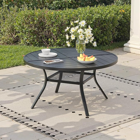 47.2" Outdoor Dining Table with Adjustable Umbrella Hole, Metal Slatted Round Patio Dining Table for Backyard Garden Deck, Black