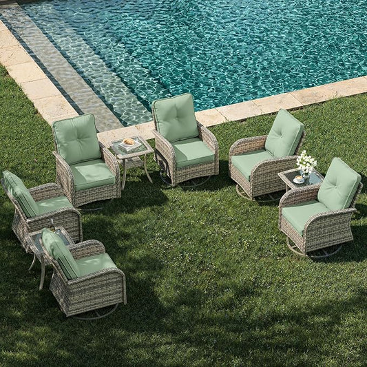 9-Piece Patio Rocking Swivel Chair Outdoor Wicker Rattan Bistro Set with Tempered Glass Side Table, Outdoor Patio Furniture Set for Garden, Deck, and Balcony, Light Green