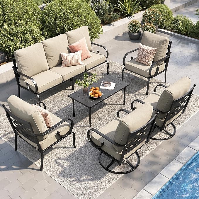 PHI VILLA Patio Furniture Set, 3-Seater Sofa, 2 Fixed Chairs, 2 Swivel Chairs and a Coffee Table, Outdoor Metal Conversation Set with 5.75" Extra Thick Cushion for Garden Backyard Deck, Beige