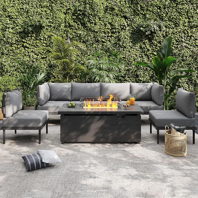 Sundale Outdoor 7 Pieces Patio Furniture Set with Fire Pit Table, L-Shaped Outdoor Sectional Sofa with 6 Inch Olefin Cushion, All-Weather Modern Metal Outdoor Conversation Sets (Grey/Dark Grey)