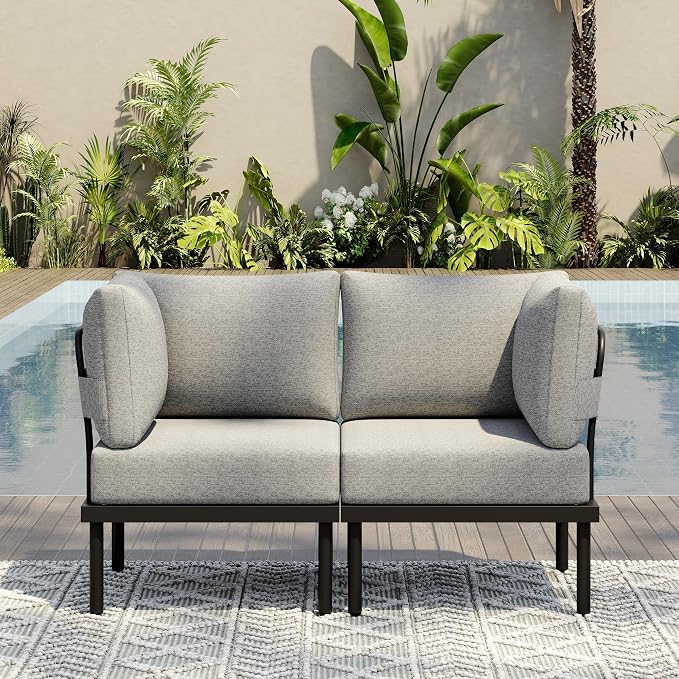 Sundale Outdoor 2 Pieces Metal Patio Furniture Set, Outdoor Sectional Sofa w/6 Inch Olefin Cushion, Modern Outdoor Conversation Sets for Porch, Balcony