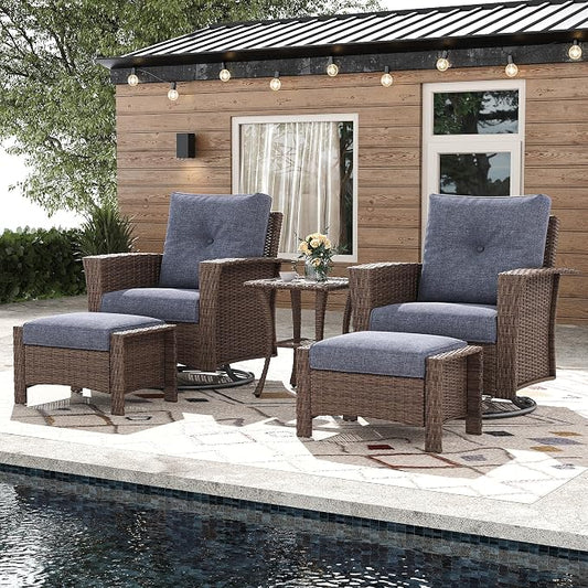 5 Pieces Outdoor Patio Furniture Set, Wicker Patio Sectional Set Conversation Wicker Swivel Chairs with Small Side Table