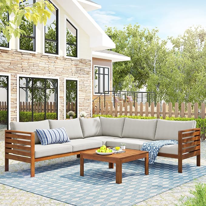 L-Shaped Wood Structure Patio Outdoor Sofa Set with Coffee Table and Cushion, Water Resistant Acacia Wood Sofa for Patio, Lawn, Yard, Pool or Backyard, Beige Cushion