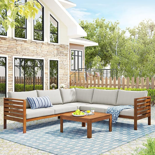 L-Shaped Wood Structure Patio Outdoor Sofa Set with Coffee Table and Cushion, Water Resistant Acacia Wood Sofa for Patio, Lawn, Yard, Pool or Backyard, Beige Cushion