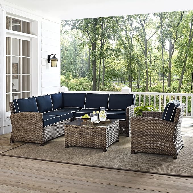Crosley Furniture Bradenton 5-Piece Outdoor Sectional Sofa Wicker Conversation Patio Furniture Set for Deck, Brown with Navy Cushions