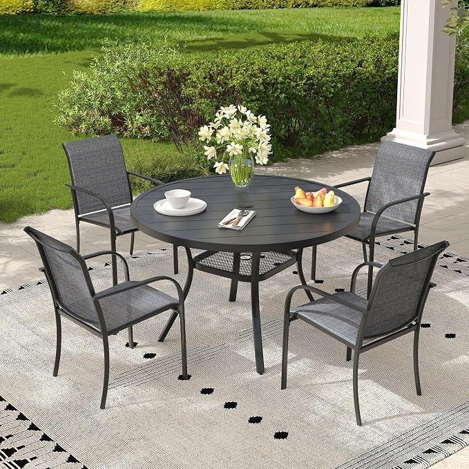 5 Pieces Outdoor Dining Set, Stackable Textilene Patio Chairs & 40.6" Round Dining Table with Umbrella Hole and Shelf, Patio Dining Set for Backyard, Deck, Garden, Grey & Black