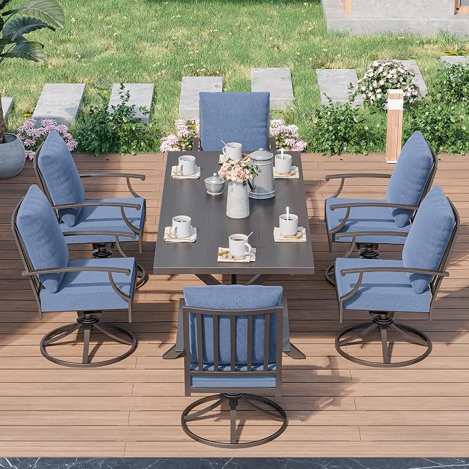 Kurapika 7 Pieces Patio Dining Set Outdoor Furniture with 6 Swivel Chairs, Metal Patio Furniture Set 6 Chairs and Large Table with Umbrella Cutout for Yard Porch Deck, Navy Blue
