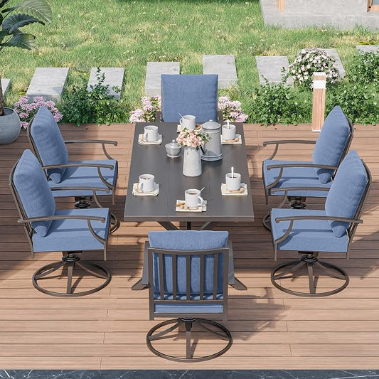 Kurapika 7 Pieces Patio Dining Set Outdoor Furniture with 6 Swivel Chairs, Metal Patio Furniture Set 6 Chairs and Large Table with Umbrella Cutout for Yard Porch Deck, Navy Blue