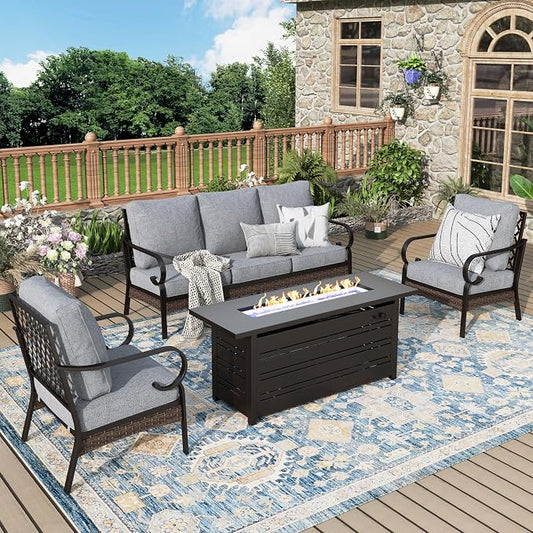 MIXPATIO Patio Furniture Set with Fire Pit Table, 4 PCS Metal Outdoor Conversation Set with 5.75'' Extra Thick Cushion, 2 Chairs, 3-Seat Sofa and Gas Fire Pit Table, Grey