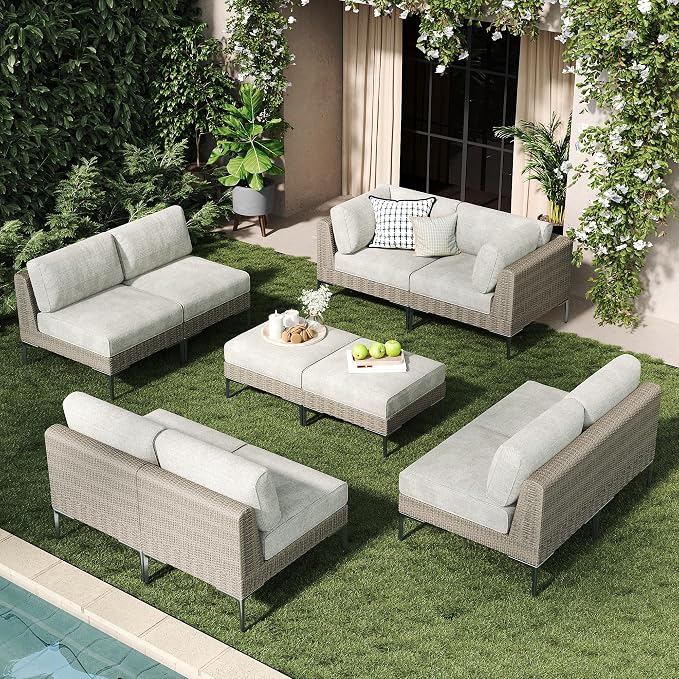 LayinSun 10-Piece Wicker Rattan Patio Furniture Set, Deep Seating Outdoor Modular Sectional Sofa Conversation Set with Thick Cushions for Lawn, Garden