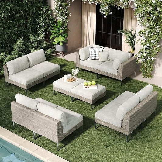 LayinSun 10-Piece Wicker Rattan Patio Furniture Set, Deep Seating Outdoor Modular Sectional Sofa Conversation Set with Thick Cushions for Lawn, Garden