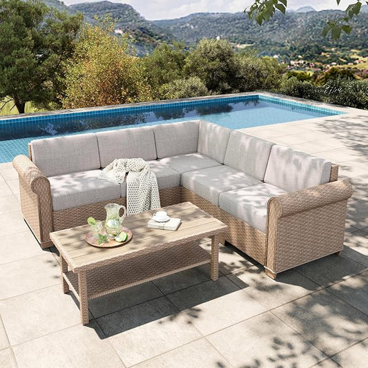 HERA'S HOUSE 6 Piece Patio Furniture Set, Outdoor Sectional Wicker Sofa with 44" Coffee Table, 5.5" Thick Waterproof Cushion All Weather 5 Seats Modular Conversation Set for Garden Deck Backyard