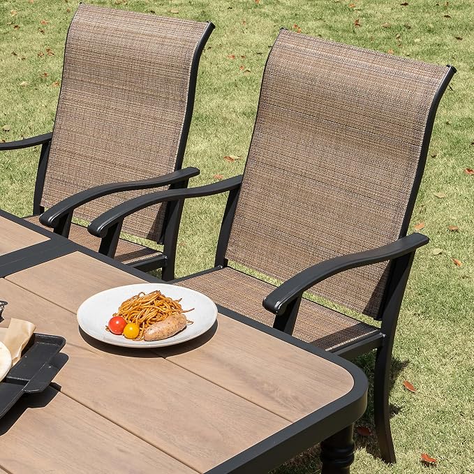 NUU GARDEN 7-Piece All-Weather Outdoor Dining Set, 61” x 37” Wood-Grain Table & 6 Ergonomic Textilene Chairs, Patio Furniture Set with Umbrella Hole for Yard Porch Poolside Garden, Black and Brown