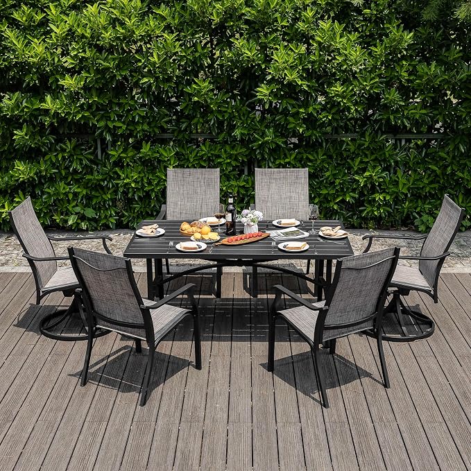 NUU GARDEN 7 Piece Outdoor Patio Dining Set, 63" x 36" Aluminum Dining Table with 1.97" Umbrella Hole, 4 Textilene Patio Chairs and 2 Patio Swivel Chairs for Garden,Backyard, Brown&Black