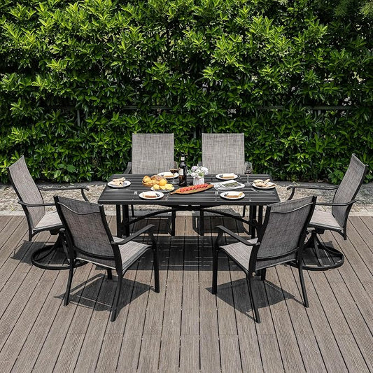 NUU GARDEN 7 Piece Outdoor Patio Dining Set, 63" x 36" Aluminum Dining Table with 1.97" Umbrella Hole, 4 Textilene Patio Chairs and 2 Patio Swivel Chairs for Garden,Backyard, Brown&Black