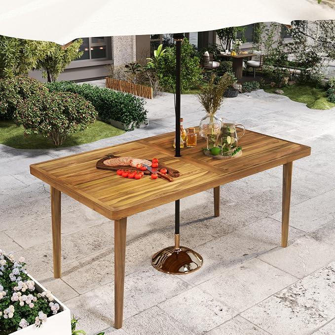 Christopher Knight Home Patio Rectangular Acacia Wood Dining Table with Umbrella Hole, Sturdy for Outdoor Dining, BBQ, Garden, Pair with Dining Chair/Bench, Teak Finish