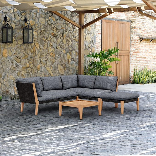 Urban Elements Famiglia 5-Piece Wood Outdoor Sectional | Teak Finish 100% FSC Eucalyptus | Backyard Sectional Furniture, Patio Conversation Sets, Outdoor Seating Set, Black