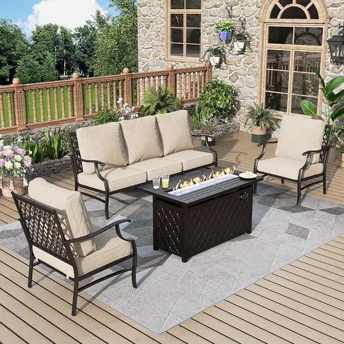 MIXPATIO Patio Furniture Set with Firepit Table, 4 Pcs Metal Outdoor Conversation Set, 2 Single Chairs and 3 Seater Sofa with 5.75" Extra Thick Cushion and Gas Fire Pit Table for Backyard Deck, Beige