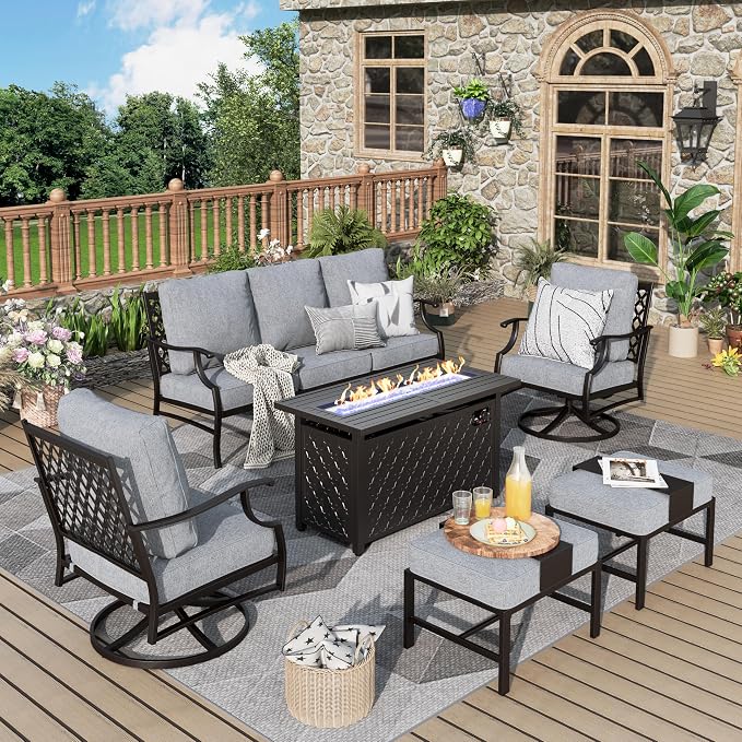 MIXPATIO Patio Furniture Set, 6 Pcs Metal Outdoor Conversation Set, 2 Swivel Chairs, 2 Ottomans and 3 Seater Sofa with 5.75" Extra Thick Cushion and Gas Fire Pit Table, Grey