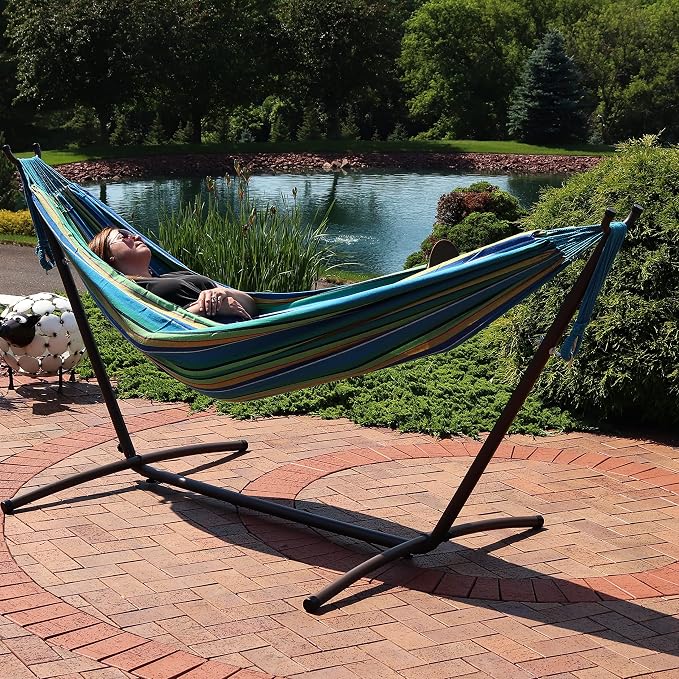 Sunnydaze Double Brazilian Hammock with Stand and Carrying Case - 400-Pound Capacity - Black Stand - Sea Grass