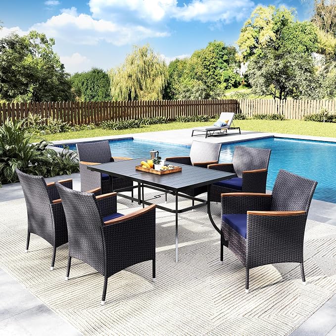 MFSTUDIO 7 Pieces Outdoor Dining Sets for 6, Outdoor Table and Chairs, Patio Rectangular Table Set with Chairs, Wicker Patio Dining Furniture, Porch, Deck