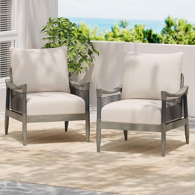 Merax Set of 2 Acacia Wood Patio Club Chairs with Cushions | Grey Acacia Frames, Dark Grey Woven Rope, 6-Inch Seat Cushions And Deep Seating For Porch, Garden, Backyard Or Balcony