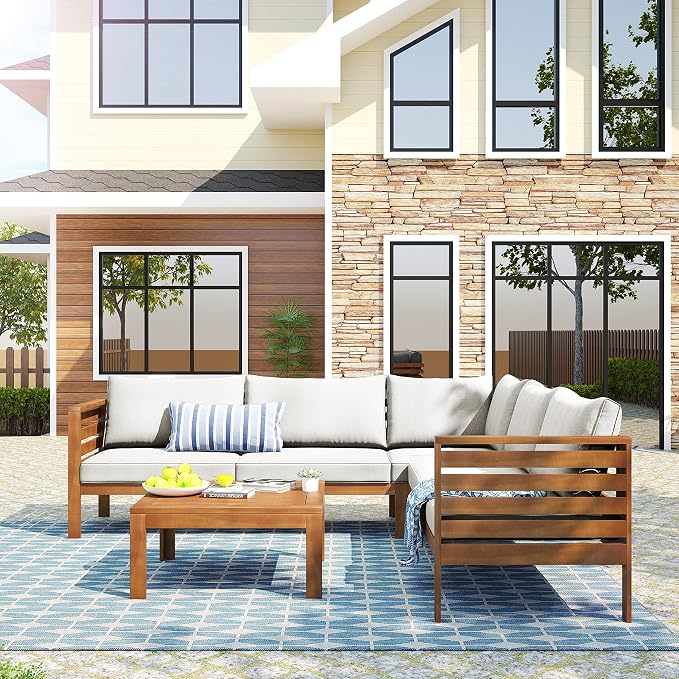 L-Shaped Wood Structure Patio Outdoor Sofa Set with Coffee Table and Cushion, Water Resistant Acacia Wood Sofa for Patio, Lawn, Yard, Pool or Backyard, Beige Cushion