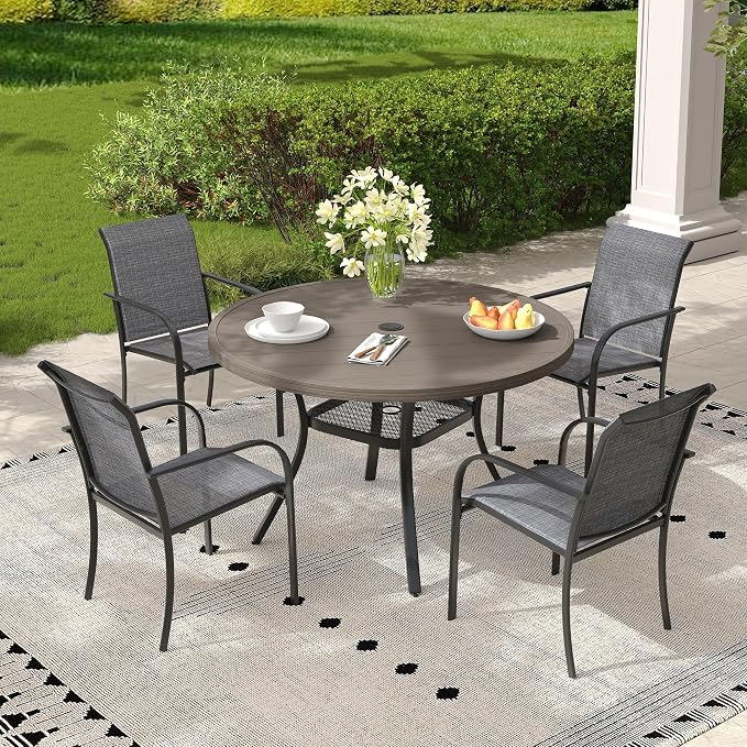 5 Pieces Outdoor Dining Set, Stackable Textilene Paito Chairs & 40.6" Round Dining Table with Umbrella Hole and Shelf, Patio Dining Set for Backyard, Deck, Garden, Grey
