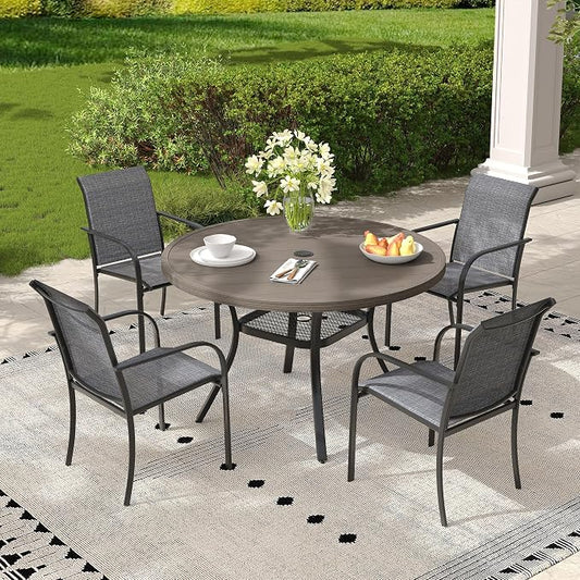 5 Pieces Outdoor Dining Set, Stackable Textilene Paito Chairs & 40.6" Round Dining Table with Umbrella Hole and Shelf, Patio Dining Set for Backyard, Deck, Garden, Grey