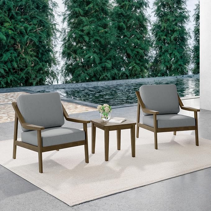 Outdoor Patio Furniture Set, 3 Piece Patio Conversation Sets with Washable Thick Cushions, All-Weather Solid Wood Patio Bistro Set for Porch, Balcony, Natural Frame & Gray Cushion