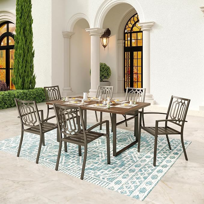 SUNSHINE VALLEY Patio Dining Set,Wood-Like Metal Table w/Umbrella Hole | 64x38 Table&6 Pcs Rust-Proof Stackable Chairs, Outdoor Table and Chairs Set for Backyard Garden Deck
