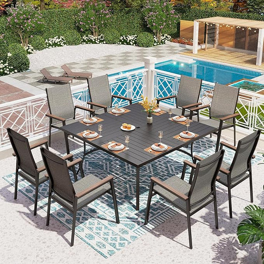 PHI VILLA Outdoor Dining Set for 8 w/Square Table & Aluminum Chairs, Grey | Stackbale chairs, Breathable & quick-drying sling, Light-weight & space-saving, Metal Table, Umbrella Hole, Patio deck