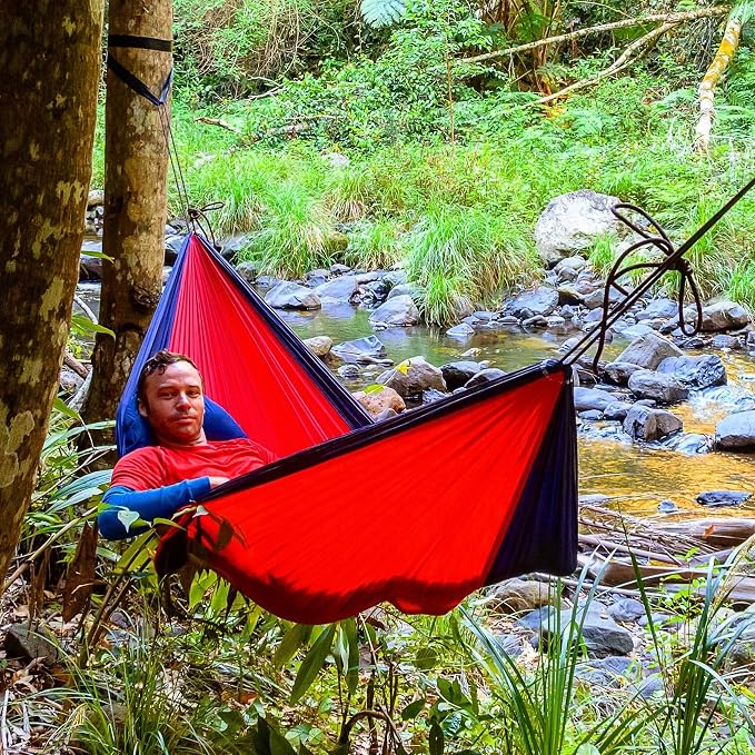 Hammock Bliss Single - Camping Hammock - Camping Essentials, Portable Hammock - The Longest Single Hammock On Earth for Outside, Hiking, and Travel (Navy/Red)