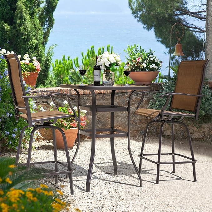 NUU GARDEN 3 Piece Patio Bar Set, Textilene Bar Stools Set,Brown