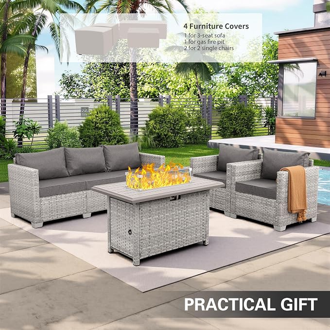 WAROOM Patio Furniture Set 4 Piece Outdoor Wicker Conversation Sets PE Rattan Couch Sectional Sofa with Fire Pit Table, Grey Cushion