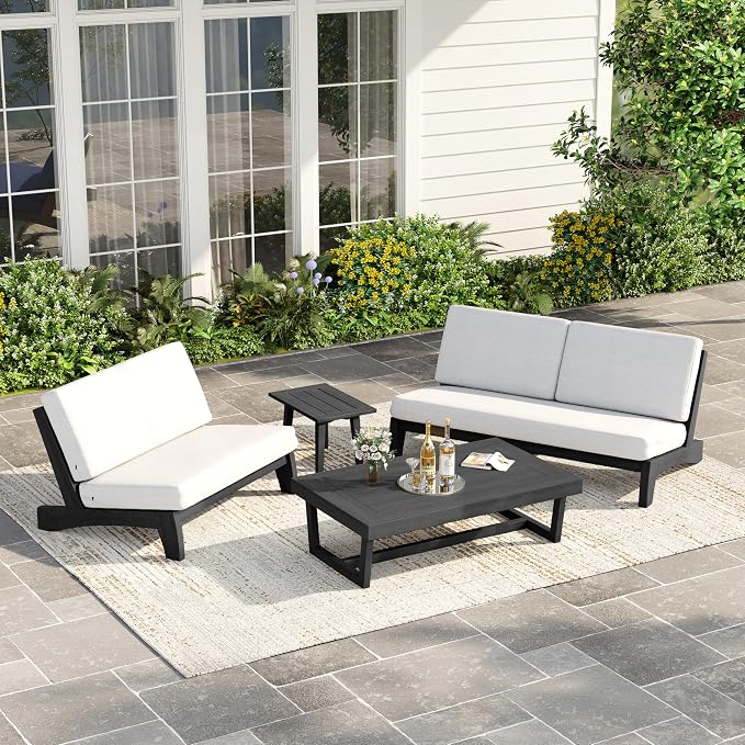 3 Piece Teak Outdoor Patio Frutnire Set, 5 Seater Patio Conversation Sets with Thick Cushions, Outdoor Sectional Furniture with Coffee Table - Beige