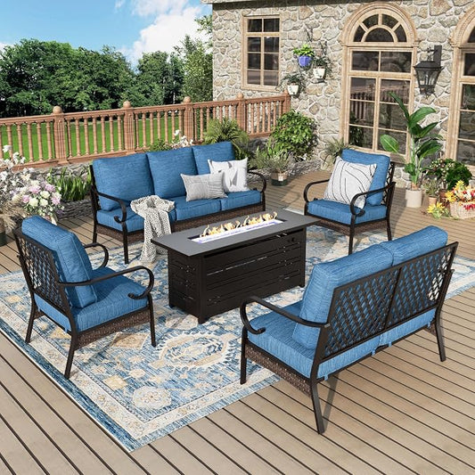 MIXPATIO Patio Furniture Set with Fire Pit Table, Metal Outdoor Conversation Set with 2 x Fixed Chairs, 1 x Loveseat, 1 x 3-Seat Sofa and Gas Fire Pit Table for Lawn Garden Backyard, Pacific Blue