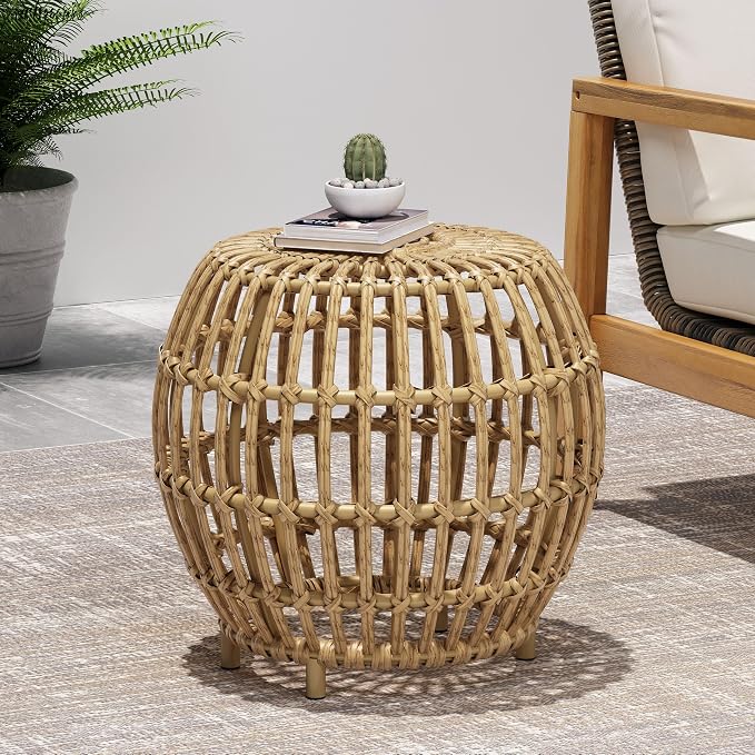 Round Rattan Side Table, Boho Rattan End Table Outdoor Round Wicker Side Table, All-Weather and Rust Resistant for Living Room Patio, Poolside, Garden, Yard
