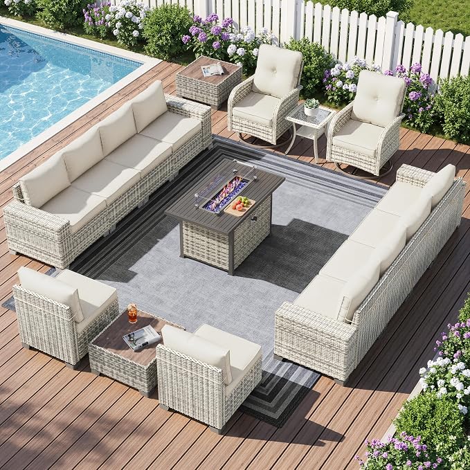 16-Piece Outdoor Patio Furniture Set with Rocking Swivel Chair, PE Wicker Rattan Sectional Sofa Patio Conversation Set with 55,000 BTU Fire Pit Table & Coffee Table, White