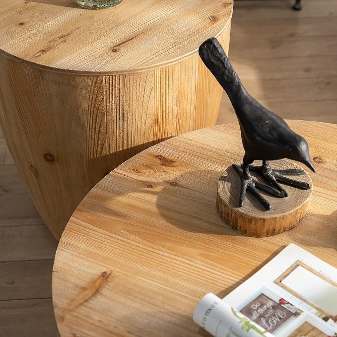 Vintage Drum Coffee Table Set, Wood Round Coffee Table Set of 2, Drum Side Table End Table Bucket Shaped Coffee Tables for Living Room Dining Room, No Need Assembly (Set of 2)