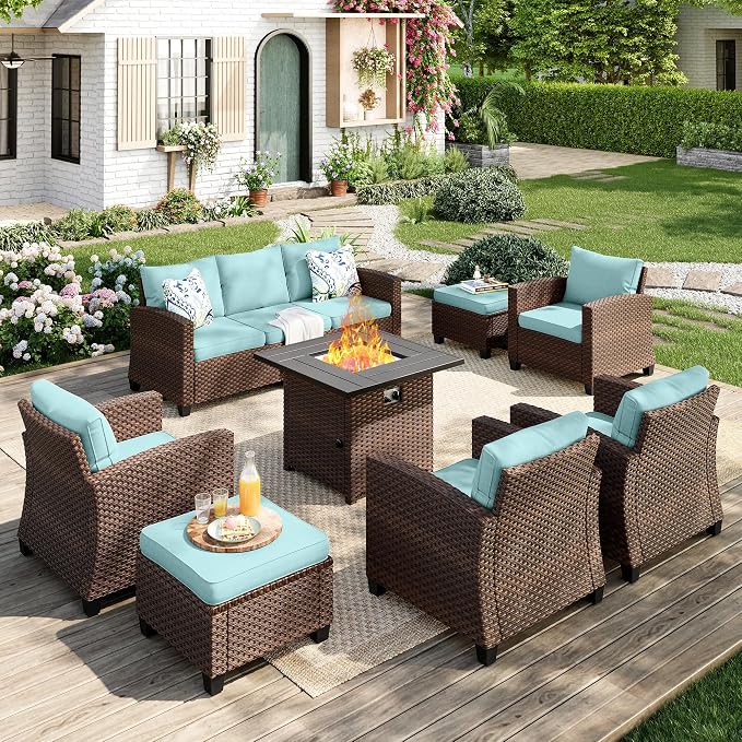 MIXPATIO Patio Furniture Set, 8 Pcs Wicker Rattan Outdoor Conversation Set, 4 x Leg Chairs, 1 x 3 Seater Sofa and 2 x Ottoman with 4" Thick Cushion and 32" Fire Pit Table, Blue