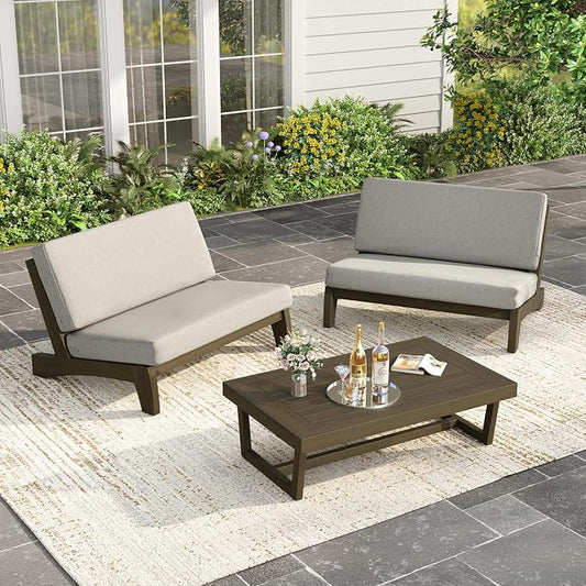 Wood Patio Furniture Sets, 3 Pieces All Weather Patio Loveseat Sofa Outdoor Sectional Futniture Backyard Conversation Set with Solid Wooden Coffee Table - Light Camel