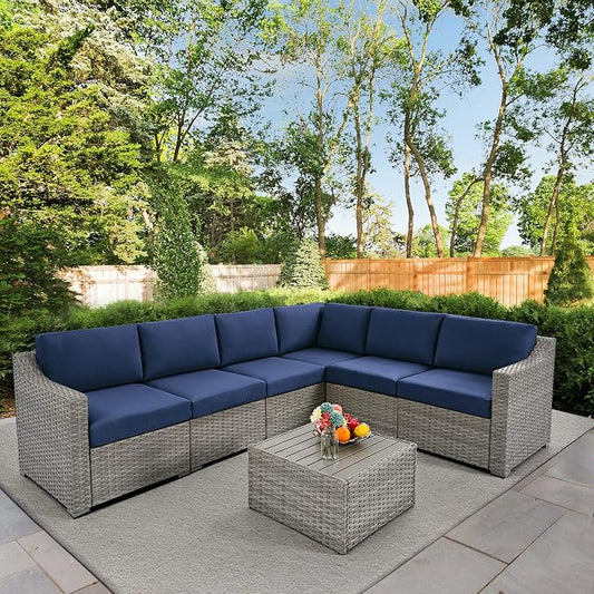 HAPPATIO 7 Piece Patio Conversation Set,Rattan Wicker Outdoor Sectional Sofa,All-Weather Patio Furniture Set,Multiple Combination Sofa. Patio sectional Set for Patio and Balcony.(Gray/Blue)