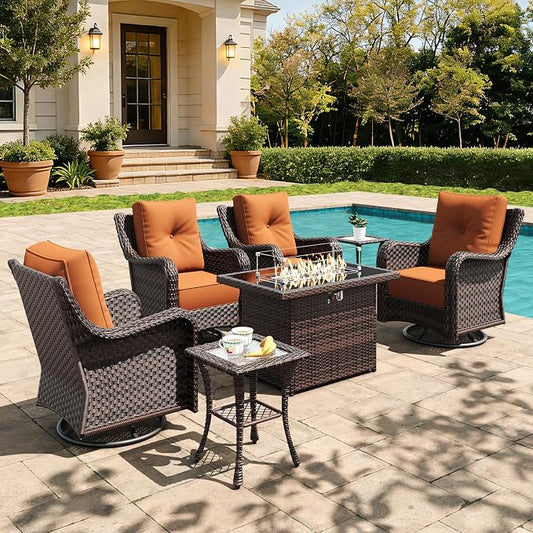 7 Pieces Outdoor Furniture Set with 6-inch Cushions, High Back Wicker Swivel Rocker Chairs with Fire Pit Table, Luxury Conversation Set for Deck Patio and Poolside