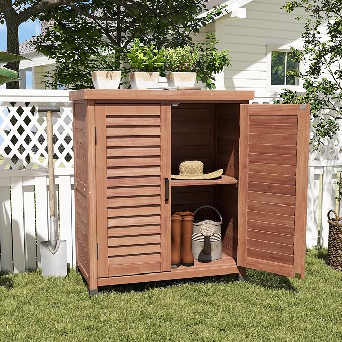 Wooden Outdoor Storage Cabinet, Outdoor Bar Table Cabinet with Storage, Outdoor Buffet Sideboard for Patio, Garden, Potting Bench, TV Stand, Bar Table, Balcony, Brown