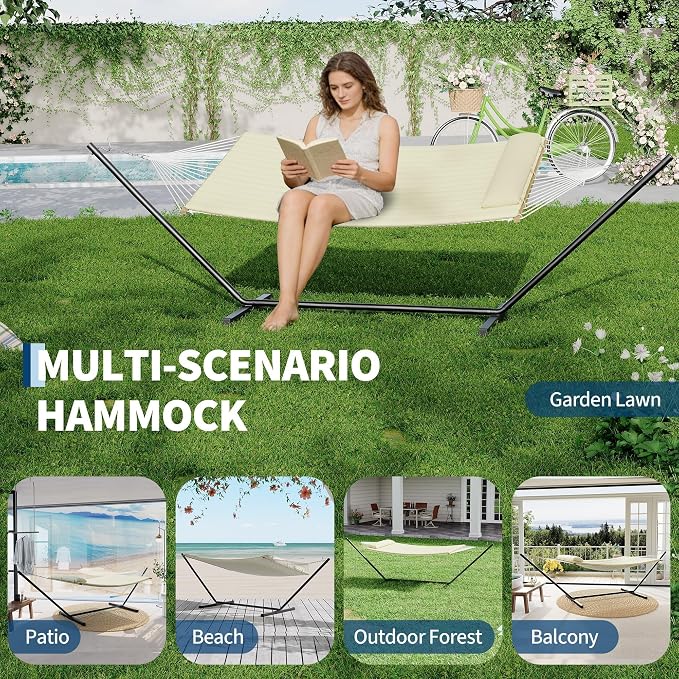 Double Hammock with Stand Curved-Bar Hammock, 450LBS Capacity, 2 Person Large Hammock, Indoor and Outdoor Hammock, Perfect for Backyard Patio Beach