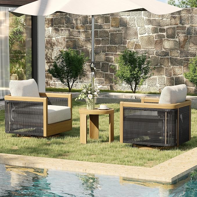 HAPPATIO Aluminum Patio Furniture Set, 3 Pieces Wood-Like Oversized Outdoor Conversation Set with Thick Cushion, Swivel Chair with Curved Tub Design and Woven Rope Accents for Garden, Yard, Pool