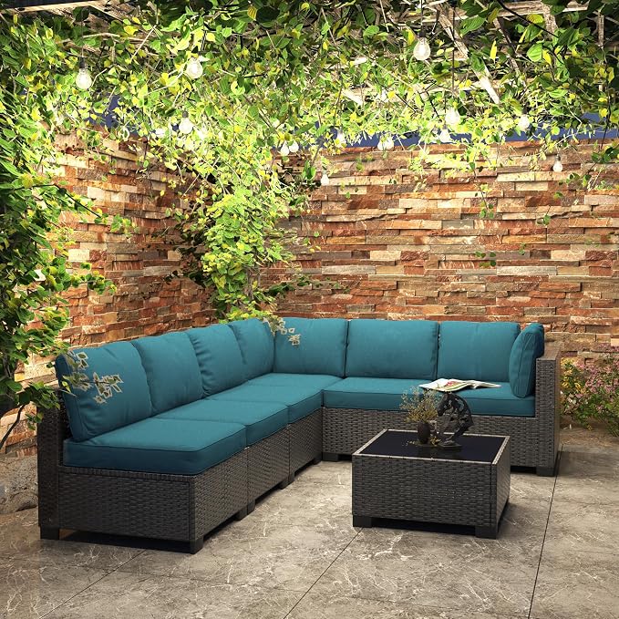 7 Piece Patio Furniture Set, Outdoor Modular Wicker Sectional Couch with Tempered Glass Coffee Table, All-Weather Rattan Conversation Set with Washable Cushions for Backyard, Garden, Deck